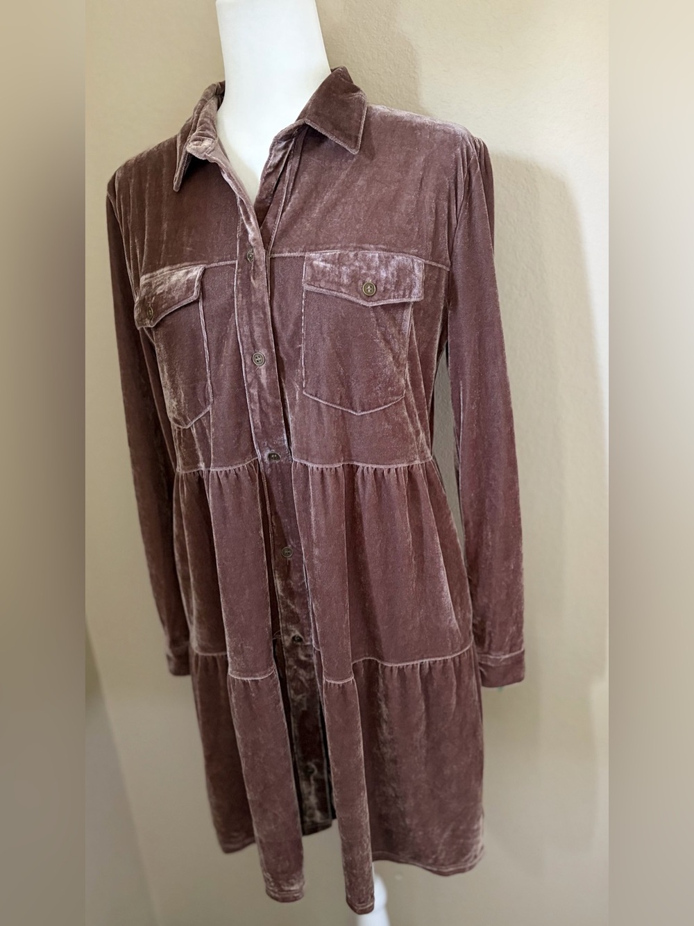 Umgee Mauve Velvet Tiered Shirt Dress Button Front Long Sleeve Size S - Picture 3 of 10